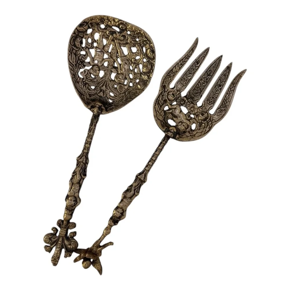 Vintage Silver Plated Salad Serving Set Fork Spoon Cherub Made in Italy Ornate